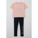 Breeze Kız Çocuk Taytlı Takım Çiçek & Yazı Baskılı Fiyonklu 5-10 Yaş, Pembe - 6 Yaş