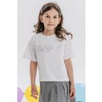 BREEZE Kız Çocuk Tişört Kolları Güpürlü Nakışlı Taşlı Yazı Baskılı 9-14 Yaş, Ekru