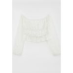 Breeze Kız Çocuk Uzun Kollu Dantelli Crop Bluz Çiçek Desenli 9-14 Yaş, Beyaz - 11 Yaş