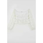 Breeze Kız Çocuk Uzun Kollu Dantelli Crop Bluz Yaprak Desenli 9-14 Yaş, Beyaz