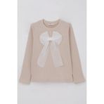 Breeze Kız Çocuk Uzun Kollu Tişört Fiyonk Aksesuarlı 8-12 Yaş, Bej - 11 Yaş