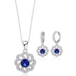 Brezza Lusso Gümüş Lüks Mavi Safir Taşlı Çiçek Model Bayan Kolye Küpe Set