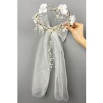 Bride Aksesuar Dünyası Nedime Tacı Beyaz Uzun Fiyonklu Ortanca Çiçekli Özel Tasarım Gelin Kına Dış Çekim Tacı