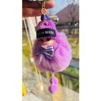 Bright3 Peluş Örgü Şapkalı Anahtarlık, Papyonlu, Ponpon Ayaklı, Tüylü Kız Figürü Mor Anahtarlık