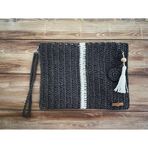 Bright3 Siyah Ve Beyaz Clutch , Portföy, El Yapımı, Astarlı, Tahta Boncuk, Çiçek Ve Püskül Aksesuarlı Çanta