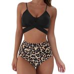 Brong Siyah Leopar Destekli Yüksek Bel Halter S Kadın Bikini Takımı