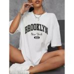Brooklyn Harf Baskılı Düşük Omuzlu T-Shirt, Rahat Kısa Kollu Bol T-Shirt, Giyim - Beyaz -