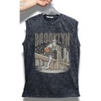 Brooklyn Yazılı Yıkamalı Kolsuz Tişört, Unisex Basketbol Temalı Sıfır Kollu Vintage Atlet - Siyah - 4XL