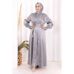 Broşlu Abaya Takım Şal Hediye 7055 Gri