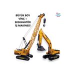 Brother Toys Büyük Boy Vinç + Büyük Boy Kepçe Ekskavatör Oyuncak Kırılmaz İş İnşaat Makinesi 30 Cm.