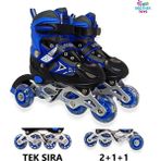 Brother Toys Çocuk Pateni Işıklı Çantalı Numara Ayarlanabilen Tek Sıra ve 2+1+1 Teker Paten Mavi Medium 34-37 - 34 - 37