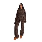 BRTC design Kadın Kahverengi Leopar Desenli Cep Detaylı Kemerli Ceket Pantolon Denim Takım Acı Kahverengi L