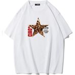 Brz Collection Kadın Ciao Leopar Yıldız Desenli T-Shirt Beyaz - XL