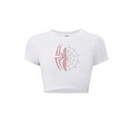 BRZ COLLECTION Kadın Renkli Spider Kristal Taş Baskılı Crop T-shirt Beyaz