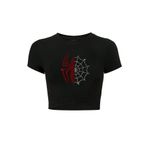 BRZ COLLECTION Kadın Renkli Spider Kristal Taş Baskılı Crop T-shirt Siyah