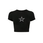 BRZ COLLECTION Kadın Star Kristal Taş Baskılı Crop T-shirt Siyah