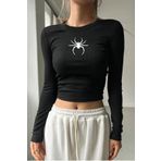 BRZ COLLECTION Kadın Uzun Kollu Fitilli Spider Crop Bluz Siyah