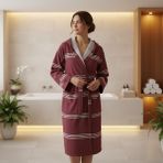 Bs Home %100 Pamuk Kapüşonlu Bornoz , Içi Emici Havlu Dış Tasarımı Peştamel, Hafif, Rahat Banyo ve Plaj Bornozu - XS - Kırmızı