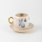 BSK Ceramics El Yapımı Phoenix Türk Kahvesi Fincanı 150ml, Mavi Kuş ve Altın Detaylandırma, Tabaklı Seramik Kahve Fincanı