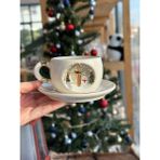 Bsk Ceramics Handmade Harfli Seramik Çay Kahve Fincan Yılbaşı Hediyelik Kupa Kardan Adam Çam Ağacı T Harfi - Beyaz - Krem