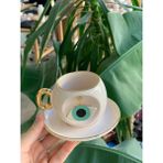 BSK Ceramics Handmade Nazar Göz Oyuklu Kahve Fincanı Nil Yeşili Seramik El Yapımı