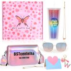 BSTcentelha 8-18 Yaş Kızlar için Kişiselleştirilmiş Doğum Günü Hediyeleri | Gökkuşağı Glitter Su Şişesi Pipetli, Güneş Gözlüğü, Anahtarlık, Şık Çapraz Çanta , Kalp Temalı Hediye Kutusu (W)