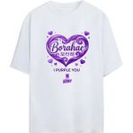 Bts K-Pop Baskılı "borahae I Purple You Bts Army" Yazılı Relaxed Kalıp Pamuklu Unisex Tişört - Beyaz - XL
