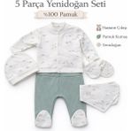 Bubbless Organik Pamuk 5 Parça Yenidoğan Hastane Çıkışı Seti - Adaçayı Yeşili - Krem - 0 - 3 Ay