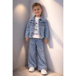 Bubiee Baby Erkek Çocuk Mavi Denim Takım - Ceket Pantolon ve Baskılı Penye Takım 3'lü Set - 3 Yaş
