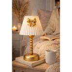 Bubihome Kablosuz Kullanım Pilli LED Abajur | Gold Gövde Fiyonk Detaylı Dekoratif Pileli Masa Lambası | 35 cm