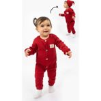 Bubito Tahta Düğme Görselli Şapkalı Şık Bebek Tulum-Kırmızı - 9 - 12 Ay