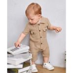 Bubito Unisex Bebek&Çocuk Pamuklu Müslin Tulum Bej Tahta Düğmeli Cepli Truvakar Kol - 3 - 6 Ay