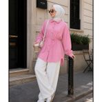 Budan Export Kadın Beli Bağcıklı Düğmeli Gömlek Yaka Balon Kol Salaş Kesim Yazlık Tesettür Tunik Gömlek - Pembe - L - XL