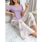BUDİ HOME Kadın Mor Çiçek Desenli Yumuşak Pamuklu Uzun Pijama Takımı 5133
