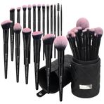 Bueart Design 18 adet Pro Deluxe fuşya pembe siyah makyaj fırçaları seti seyahat makyaj fırçası tutucu kılıf vakıf kapatıcı kontur allık göz farı yüz makyaj fırçası seti