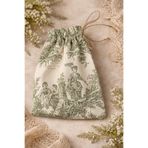 Buemshop French Garden Mini Kese 15x21 cm | Yeşil Toile de Jouy Keten Jüt İpli Büzgülü Hediye Kesesi