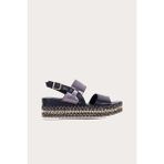 Bueno Shoes Siyah Kurşun Deri Kadın Dolgu Topuklu Sandalet - Gümüş - Siyah