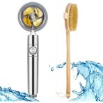 Buffer Buffer® Turbo Pervaneli Serinletici Duş Başlığı + Doğal At Kılı Sapı Çıkabilen Banyo Fırçası - Krom