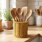 BUFFER Yuvarlak Hasır Dokulu Plastik Rattan Kaşıklık ve Çatallık, Askılı Çok Amaçlı Mutfak Organizeri, 10x14 cm