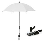 Buggy güneş şemsiyesi, evrensel bebek arabası güneş şemsiyesi, UV koruması 50+, yağmur veya güneş ışığı, askılı ve yaylı, açısı ayarlanabilir, 75 cm çap, şemsiye saplı bebek arabası şemsiyesi (beyaz)