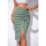 Buğrahayalin Kadın Beli Lastikli Yandan Büzgülü Bağcık Detaylı Midi Kaşkorse Etek - Yeşil - 2XL - 3XL