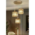 Buiva Modern Avize Kristal Taşlı Gold Sarı Avize Üçlü Sarkıt Avize Şık Görsellik