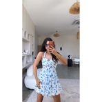 Buket Teke Mavi Çiçekli Boyundan Bağlamalı Şifon Mini Elbise