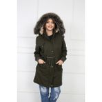 Buket Tekstil Kadın Haki Peluşlu Oversize Gabardin Kumaş Içi Suni Kürklü Kaban Mont - 3XL