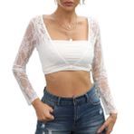 Buliezy Kadın Crop Top şeffaf üst kısım fileli karın açık üst giyim file kumaş tişört kadın dantel kollu yaz derin V yaka, önü açık elastik seksi dantel astar, Beyaz, L