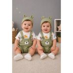 Bulut Anne ve Çocuk Bebek Kumaş 3'lü Salopet Takım- Ayıcık Yüz Detaylı Salopet- Hayvan Desenli T-Shirt ve Şapka Takımı - 6 - 9 Ay - Yeşil