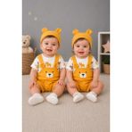 Bulut Anne ve Çocuk Bebek Kumaş 3'lü Salopet Takım- Ayıcık Yüz Detaylı Salopet- Hayvan Desenli T-Shirt ve Şapka Takımı - 9 - 12 Ay - Sarı