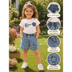 Bulut Anne ve Çocuk Kız Çocuk Kot Denim Cepli Şortlu Çiçek Kabartmalı T-Shirt Şort Takım Şık Bayramlık Rahat - 6 Yaş - Beyaz