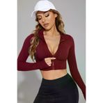 BulutRetail 2054009619358 Kadın Bordo Uzun Kol Fermuarlı Parmak Geçme Detaylı Dik Yaka Crop Top Bluz