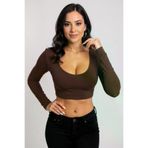 BulutRetail lux2025551215 Kadın Kahverengi Uzun Kol Kare Yaka Crop Top Bluz – Şık, Rahat Ve Kolay Kombinlenebilir